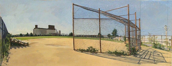 Rackstraw Downes, <em>BASEBALL FIELD IN RED HOOK PARK FROM CAMPO UNO, NO. 4</em>, 2002. Oil on canvas, 15 x 39 1/4 inches. Courtesy Betty Cuningham Gallery.