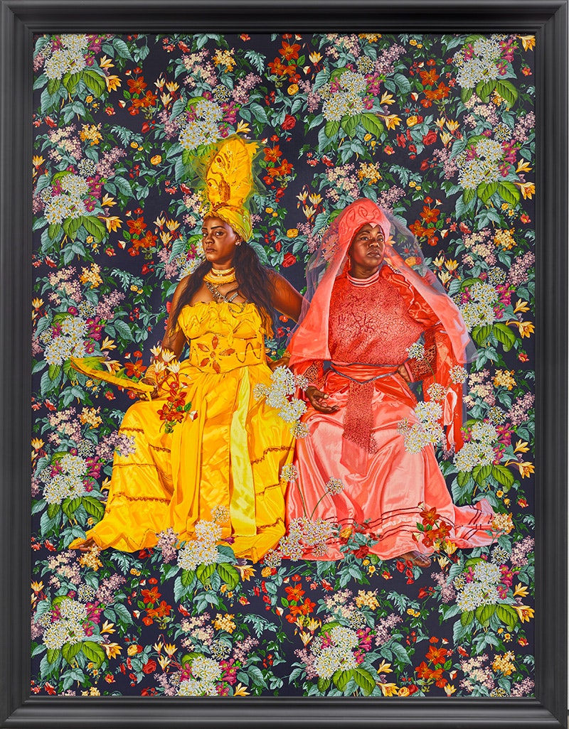 Kehinde Wiley,<em> Portrait of Yaima Polledo & Isabel Pozo</em>, 2023. Oil on linen, 108 x 81 15/16 inches. Courtesy Sean Kelly. Photo: Max Yawney.