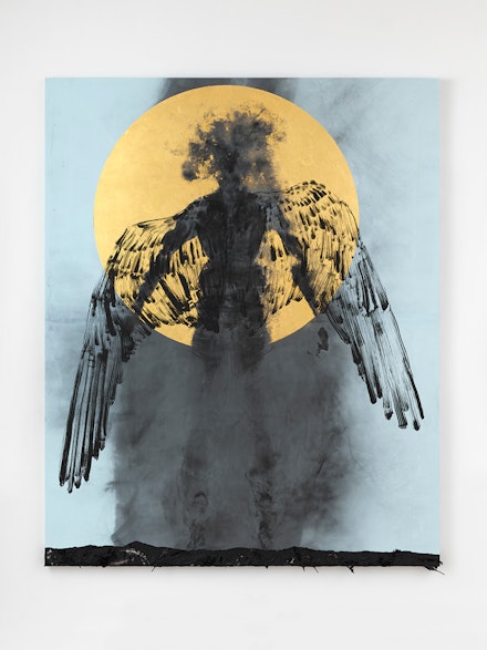 Dread Scott, <em>I Wish I Knew How It Would Feel to Be Free</em>, 2023. Body print, screenprint, gold leaf, tar and feathers on canvas, 84 x 68 inches. Courtesy the artist and Cristin Tierney.