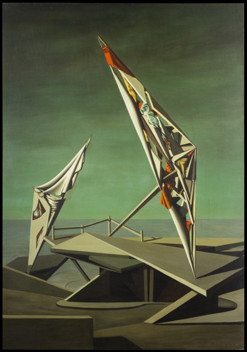 Kay Sage, <em>Ring of Iron, Ring of Wool</em>, 1947. Oil on canvas, 54 x 37 7/8 inches. Courtesy Mint Museum.