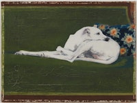 Joe Brainard, <em>Untitled (Whippet on Green Couch)</em>, 1973. Oil on linen, 9 x 12 inches. Courtesy Tibor de Nagy, New York. Reprinted by permission of the Estate of Joe Brainard.