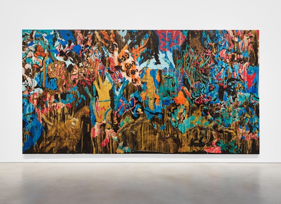 Mark Bradford, <em>Jungle Jungle</em>, 2021. Mixed media on canvas, 136 1/4 x 259 inches, left: 136 1/4 x 75 1/8 inches, middle: 136 1/4 x 120 1/8 inches, right: 136 1/4 x 75 1/4 inches. Courtesy the artist and Hauser & Wirth. Photo: Sarah Muehlbauer.