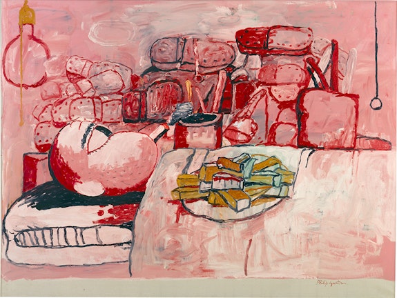 Philip Guston, <em>Painting, Smoking, Eating</em>, 1973. Oil on canvas, 77 1/2 × 103 1/2 inches. Stedelijk Museum, Amsterdam. © The Estate of Philip Guston.