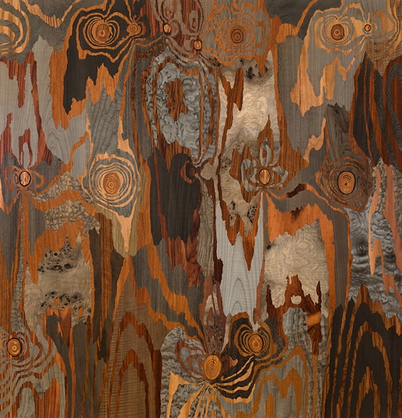 Alison Elizabeth Taylor, <em>Silver Fox</em>, 2013. Marquetry: wood veneer and shellac, 53 x 51 inches. Private collection. Courtesy Alison Elizabeth Taylor and James Cohan Gallery, NY.