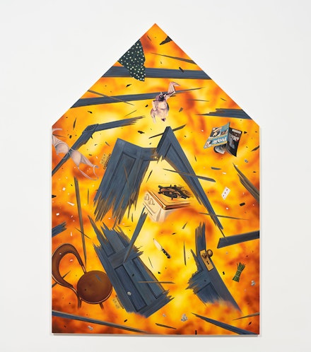 Henry Gunderson, <em>Home Explosion</em>, 2022. Acrylic and oil on canvas. 108 x 72 in. Courtesy the artist and Perrotin Gallery. Photo: Guillaume Ziccarelli.