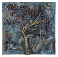 Thornton Dial, <em>The Freedom Side</em>, 2012. Scrap metal, wood, fabric, denim, spray paint, and enamel on canvas over wood, 72 x 72 x 10 inches. © Estate of Thornton Dial / Artists Rights Society (ARS), New York. Courtesy the artist and Blum & Poe, Los Angeles/New York/Tokyo.