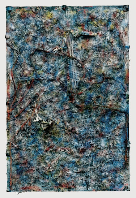 Thornton Dial, <em>Pig's Life</em>, 2000. Pig bristles, pig blood, steel mesh, steel handle, rope, carpet, imitation fur, cloth, enamel, spray paint, and Splash Zone compound on canvas on wood, 91 x 61 1/4 x 16 inches. © Estate of Thornton Dial / Artists Rights Society (ARS), New York; Courtesy the artist and Blum & Poe, Los Angeles/New York/Tokyo. Photo: Stephen Pitkin/Pitkin Studio.
