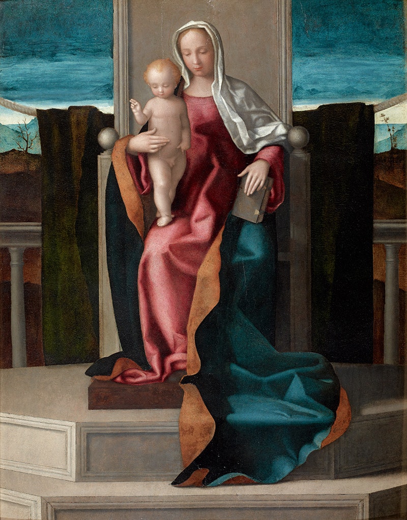 Giovanni Bellini, <em>Virgin and Child on a Throne</em>, c. 1510. Oil on wood panel, 51 ½ x 40 ½ inches. © Culturespaces / Studio Sébert Photographes.