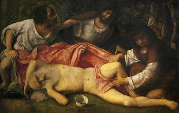 Giovanni Bellini, <em>Drunkenness of Noah</em>, c. 1513-15. Oil on canvas, 40 ½ x 62 inches. © Besançon, musée des beaux-arts et d'archéologie - Photographie C2RMF Thomas Clot.