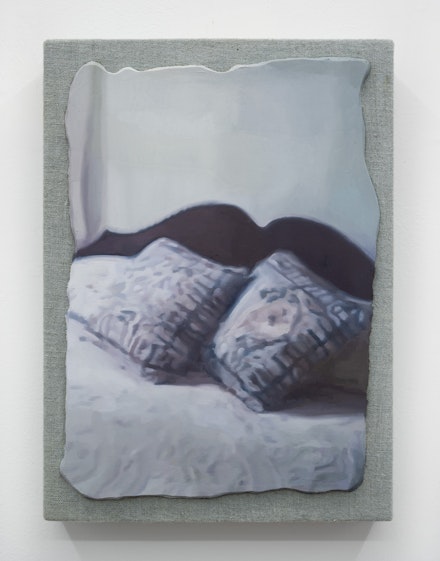 Stephen Deffet, <em>Metope: Bed</em> (2023). Oil on linen stretched panel, 12.25 x 9 inches. Courtesy the artist and Below Grand.