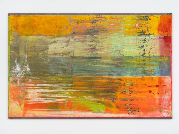 Frank Bowling, <em>On the way</em>, 2021. Acrylic and acrylic gel on canvas with marouflage, 74 1/8 x 115 1/4 x 1 3/4 inches. Courtesy the artist and Hauser & Wirth.