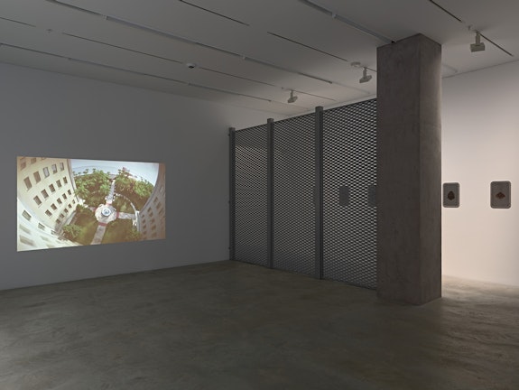 Installation view: <em>Sung Tieu: Infra-Specter</em>, Amant, Brooklyn, 2023. Featuring Sung Tieu, <em>Moving Target Shadow Detection</em>, 2022. 3D video simulation, color and sound, 18:55 minutes.  Courtesy Amant. Photo: New Document. 