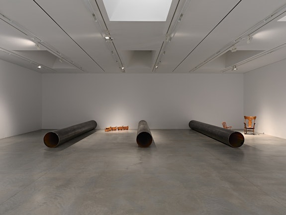 Installation view: <em>Sung Tieu: Infra-Specter</em>, Amant, 2023. Featuring Sung Tieu, <em>Reverberations (Marshall County, WV); Reverberations (Greene County, PA); Reverberations (Ryverson Station State Park, PA)</em>, all 2023. Steel pipe, speakers, amplifier.  Courtesy Amant. Photo: New Document. 