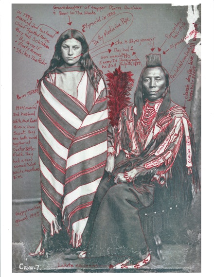 Wendy Red Star, <em>Portrait of Perits-Har-Sts (Old Crow) with His Wife, Ish-Ip-Chi-Wak-Pa-I-Chis (Good or Pretty Medicine Pipe)</em>, 2017. Pigment print on archival photo-paper, 17 x 25 inches. Courtesy the artist.