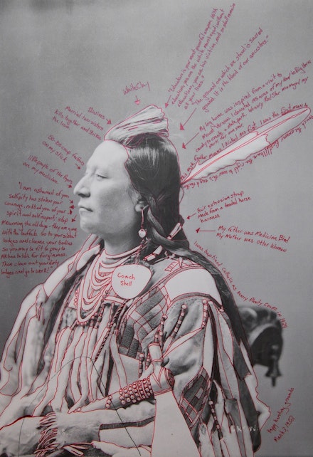 Wendy Red Star, <em>1880 Crow Peace Delegation: Alaxchiiaahush / Many War Achievements / Plenty Coups</em>, 2014. Artist-manipulated digitally reproduced photograph by C.M. (Charles Milton) Bell, National Anthropological Archives, Smithsonian Institution, 24 x 16 9/20 inches. Courtesy the artist and Sargent’s Daughters.