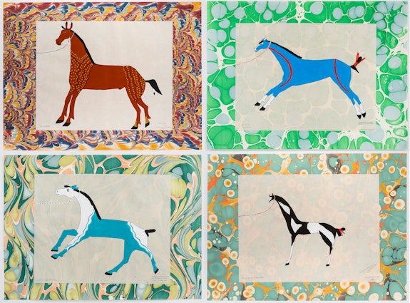 Clockwise from upper left: Wendy Red Star, <em>Egg Woman, Apsáalooka, NMAI, “In the Spirit of Green Skin”</em>; <em>Blue Dew Race Horse, Akbaléaashíiupashku (Lakota), 1800s, PILA, “In the Spirit of Green Skin”</em>; <em>Gets Down Among Them, Bikkaasáhtakduushi (Comanche), 1870, NMAI, “In the Spirit of Green Skin”</em>; <em>Among the Willows, Short Bull, Akbaléaashíiupashku (Lakota), 1885, Hood Museum of Art, “In the Spirit of Green Skin”</em>, all 2021. Acrylic, graphite, kitakata paper, marble paper, 22 x 30 inches each. Courtesy the artist and Sargent’s Daughters. 
