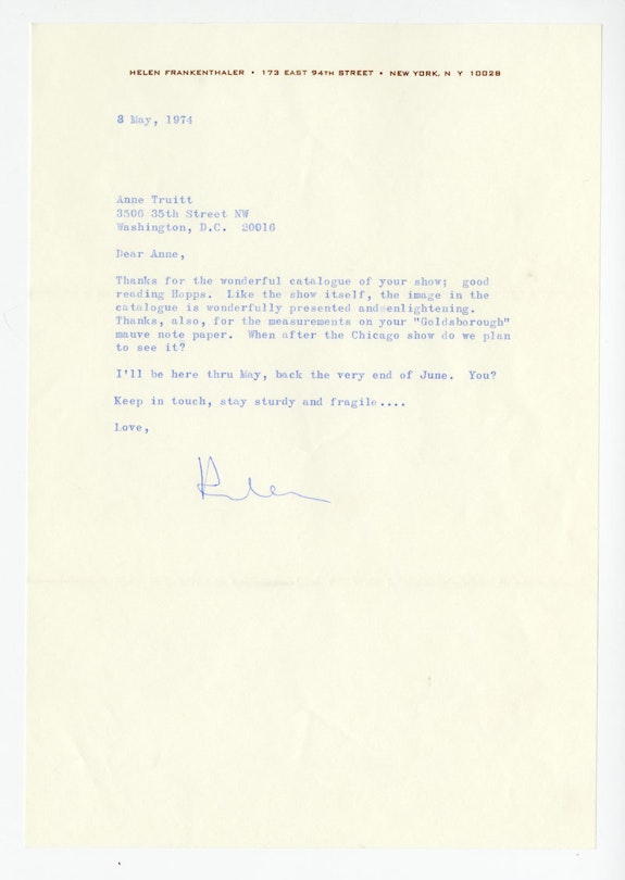 Anne Truitt Papers, Special Collections, Bryn Mawr College Libraries. Text by Helen Frankenthaler © 2023 Helen Frankenthaler Foundation, Inc.