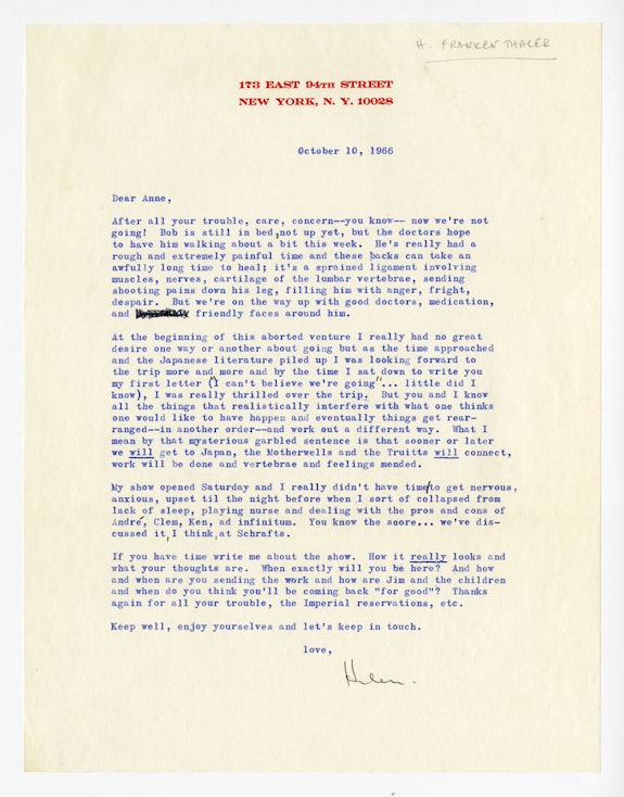 Anne Truitt Papers, Special Collections, Bryn Mawr College Libraries. Text by Helen Frankenthaler © 2023 Helen Frankenthaler Foundation, Inc.