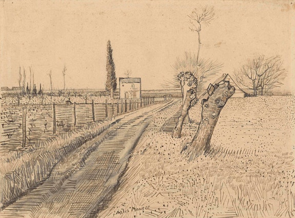Vincent van Gogh, <em>Landscape with Path and Pollard Willows</em>, March 1888. Pencil, pen, reed pen, and ink on wove paper, 10 1/8 x 13 3/4 inches. Van Gogh Museum, Amsterdam, Vincent van Gogh Foundation. Photo: Van Gogh Museum, Amsterdam (Vincent van Gogh Foundation)