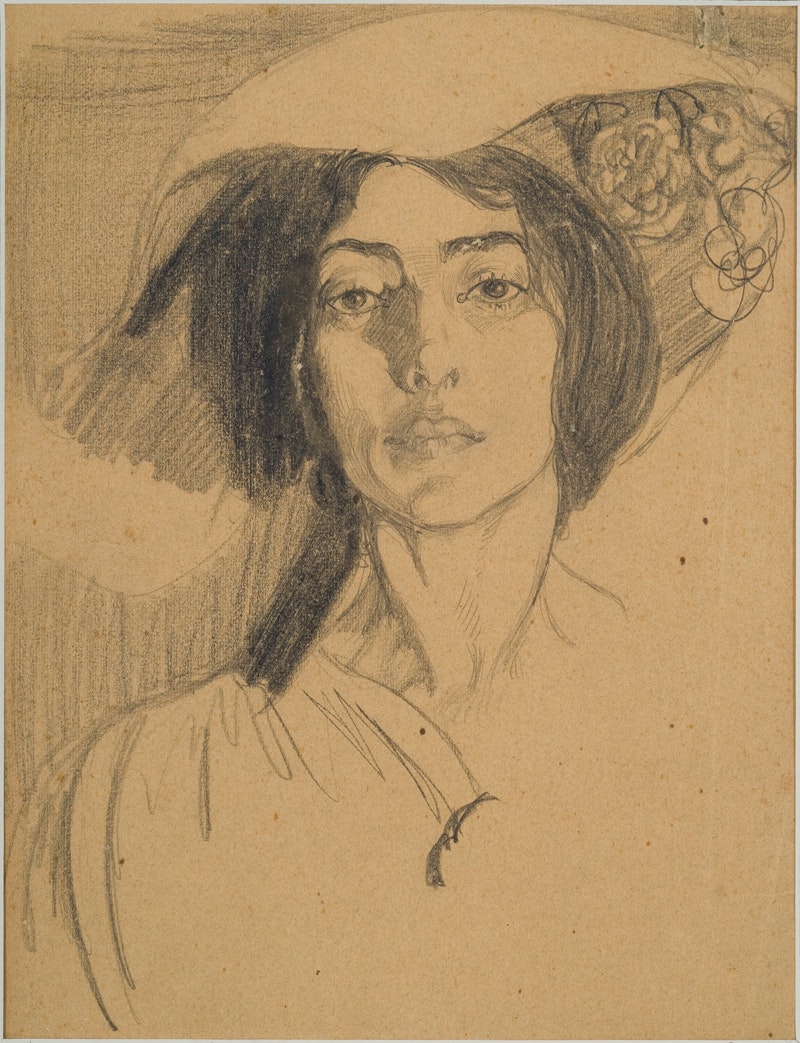 Mina Loy, <em>Devant le miroir</em>, ca. 1905. Graphite on brown paper mounted on cardboard, 16 × 13 inches. Private collection. Courtesy Bowdoin College Museum of Art. Photo: Jay York.