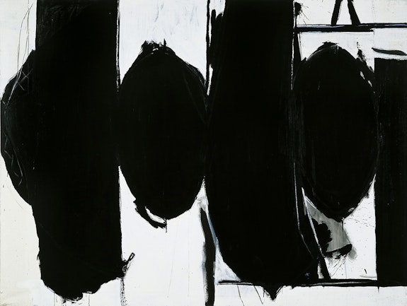 Robert Motherwell,<em> Elegy to the Spanish Republic</em>, 1960. Boucour Magna paint on canvas Unframed: 72 x 96 1/4 x 1 inhes. Framed: 73 1/2 x 97 3/4 x 1 3/4 inches. © Copyright 2023 Dedalus Foundation, Inc. / Licensed by the Artists Rights Society (ARS), NY. Collection of the Modern Art Museum of Fort Worth, Museum purchase, The Friends of Art Endowment Fund.