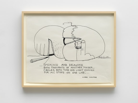 Philip Guston, <em>...Smoking and Drawing</em>, 1972–75. Ink on paper, 19 x 23 5/8 inches. Courtesy the Guston Foundation and Hauser & Wirth. Photo: Dario Lasagni.
