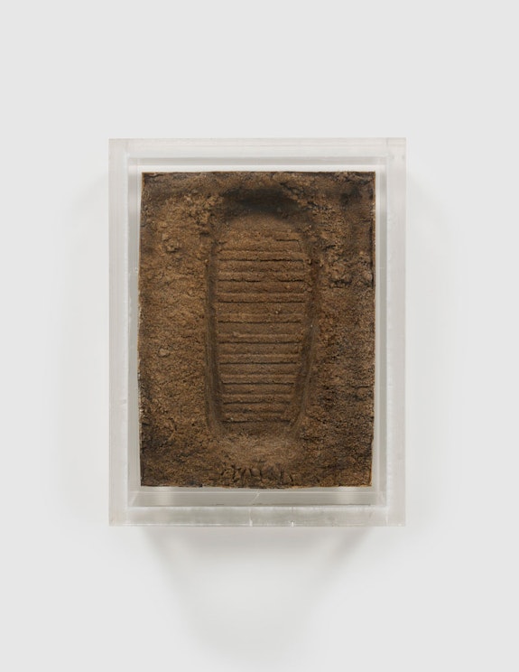 Matthew Day Jackson and David Tompkins, <em>Footprint </em>(1969), 2010. Trinotite, plastic, wood, plexiglas. 20-1/4 × 15-1/2 × 7-7/8 inches. © Matthew Day Jackson, Courtesy Pace Gallery.