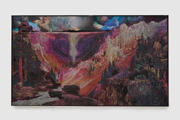 Matthew Day Jackson, <em>Grand Canyon of the Yellowstone (after Moran)</em>, 2023. Wood, acrylic paint, urethane plastic, fiberglass, UV pigment, lead, stainless steel frame 85-1/4 × 147-1/4 × 2 inches. © Matthew Day Jackson, Courtesy Pace Gallery.