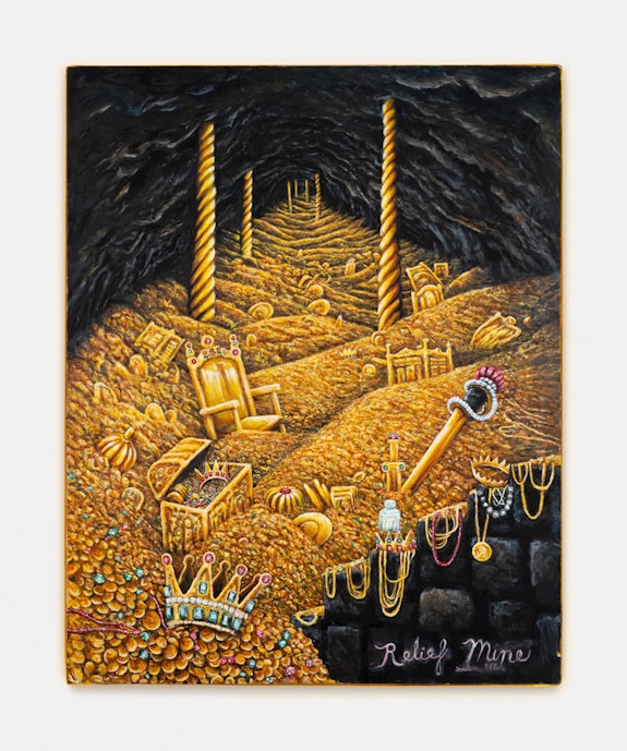 Robert Hawkins, <em>Endless Wealth (Relief Mine)</em>, 2017-2023. Oil on canvas. 50 x 40 inches. Courtesy the artist and Off Paradise, New York.