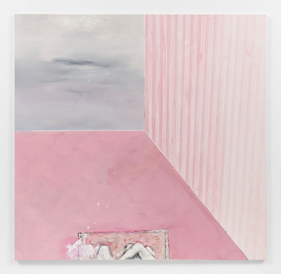 Cathy Josefowitz, <em>In the Pink Room</em>, 2010. Oil and charcoal on canvas. 75 x 76 3/4 x 1 1/8 inches. Courtesy Estate of Cathy Josefowitz and Hauser & Wirth.