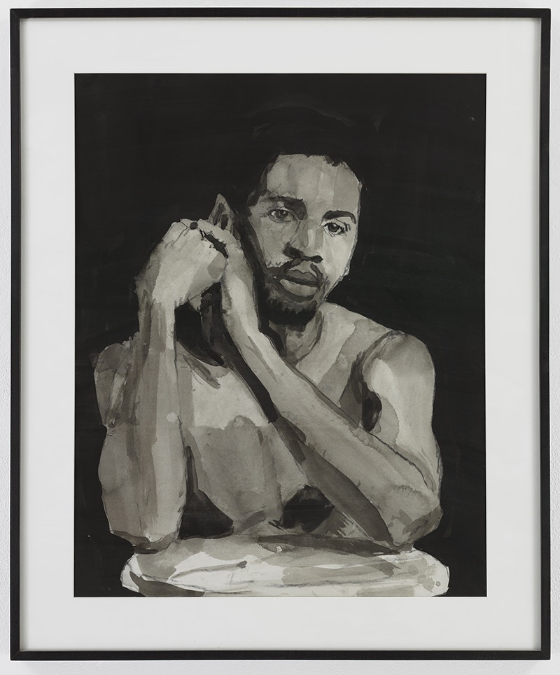Darrel Ellis, <em>Self-Portrait after Photograph by Robert Mapplethorpe</em>, 1989. Ink on paper, 23 x 30 inches. Collection of the Whitney Museum of American Art. © Darrel Ellis Estate, Candice Madey, New York and Hannah Hoffman, Los Angeles. Courtesy the Bronx Museum of the Arts.