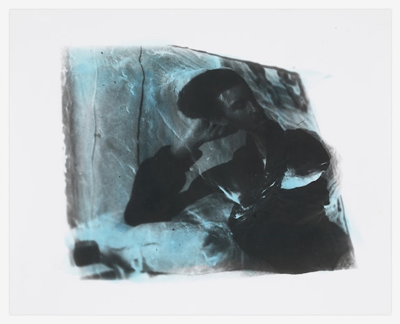 Darrel Ellis, <em>Untitled (Self-Portrait after Allen Frame Photograph)</em>, ca. 1990. Colored ink on gelatin silver print, 8 x 10 inches. Collection of Tim Garvey, © Darrel Ellis Estate, Candice Madey, New York and Hannah Hoffman, Los Angeles. Courtesy the Bronx Museum of the Arts.