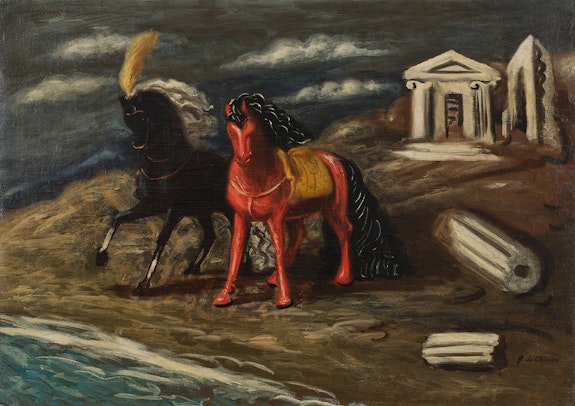 Giorgio de Chirico,<em> Cavalli in riva al mare con tempio greco (Horses on the Seashore with Greek Temple), </em>c. 1930. Oil on canvas, 25 5/8 x 35 3/4 inches, 35 1/2 x 45 7/8 x 3 1/4 inches framed. ©️ 2023 Artists Rights Society (ARS), New York / SIAE, Rome; Photo by Argenis Apolinario; Courtesy Vito Schnabel Gallery