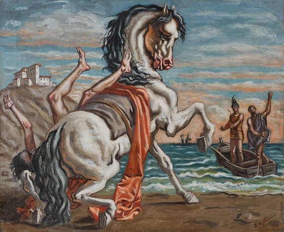 Giorgio de Chirico<em>, Uomo ferito che cade da cavallo (Death of a Rider), </em>1937-1938. Oil on canvas, 20 1/8 x 24 3/8 inches, 24 5/8 x 29 inches framed. ©️ 2023 Artists Rights Society (ARS), New York / SIAE, Rome; Photo by Argenis Apolinario; Courtesy Vito Schnabel Gallery
