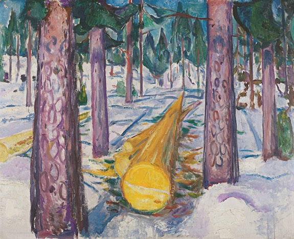 Edvard Munch, <em>The Yellow Log</em>, 1912. Oil on canvas, 51 × 62.8 inches. Courtesy Munchmuseet, Oslo and Museum Barberini, Potsdam.