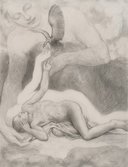 Kahlil Gibran, <em>The Dying Man and the Vulture</em>, 1920. Pencil on paper, 22 x 16 3/4 inches. Telfair Museum of Art, Savannah, Georgia. Gift of Mary Haskell Minis, 1950.8.40. Photo: Daniel L. Grantham, Jr., Graphic Communication.