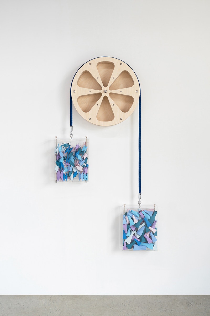 Se Yoon Park,<em> Dream Pulley: Roots and Wings</em>, 2023. Polyamide, acrylic paint, acrylic boxes, Baltic birch plywood, nylon rope, steel hardware, 76 x 43 x 7.5 inches. Courtesy the artist and Carvalho Park.