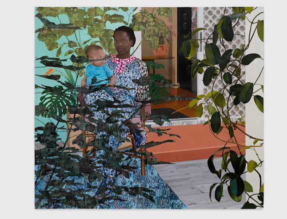 Njideka Akunyili Crosby, <em>Still You Bloom in This Land of No Gardens</em>, 2021. Acrylic, colored pencil, collage, and transfers on paper, 95 7/8 x 108 inches. © Njideka Akunyili Crosby. Courtesy the artist, Victoria Miro, and David Zwirner. Photo: Fredrik Nilsen.