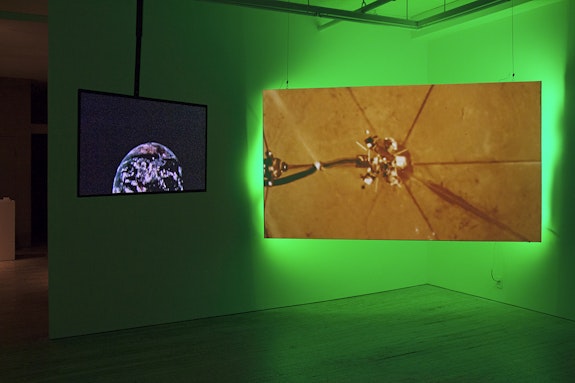 Au Sow Yee, <em>2 Electric, Cosmos and the Seance</em>, 2022, 2-channel HD video, installation view. Courtesy the artist and Microscope Gallery, New York