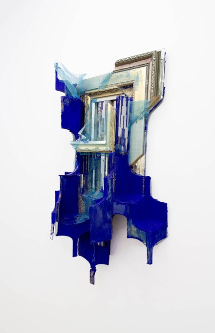 Armita Raafat, <em>Untitled 01, </em>2018<em>. </em>Resin, Tiles, Mirrors, Paint, Fabric, Found Frame, 40 x 23 inches. Courtesy the artist and Below Grand.