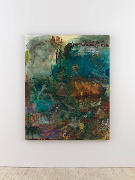 Celeste Dupuy-Spencer, F<em>ull Fathom Five Thy Father Lies nothing of him that doth fade / but doth suffer a sea-change / into something rich and strange.</em>, 2023. Oil on linen with mixed media (cigarettes, sculpey, plastic, rubber, etched tin and copper, clay, plasticine), 75 x 60 inches. © Celeste Dupuy-Spencer. Courtesy the artist and Nino Mier Gallery. Photo: New Document.