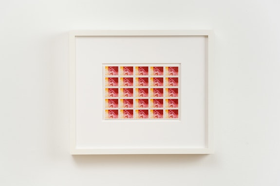 Sas Colby, <em>Red Nude Running</em>, ca. 1983. Vintage photo stamp composition mounted to museum board; unique, 5 x 7 inches. Courtesy the artist and Stellarhighway.