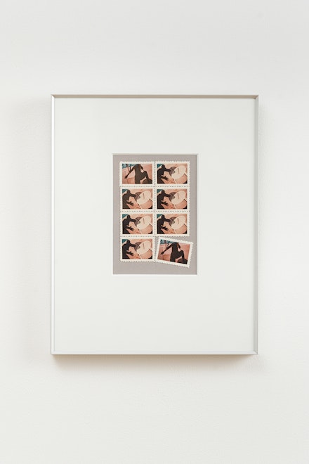 Sas Colby, <em>Shadow Play</em>, 2019. Vintage photo stamps (ca. 1980s) collaged on paper; unique, 4.5 x 2.75 inches (composition), 10 x 8 inches (framed). Courtesy the artist and Stellarhighway.