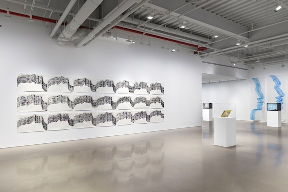Installation view, Carlos Amorales: <em>Words of Mouth and Hands, </em>2023,<em> </em>kurimanzutto, New York. Image courtesy of the artist and kurimanzutto, Mexico City / New York. Photo by Dan Bradica.