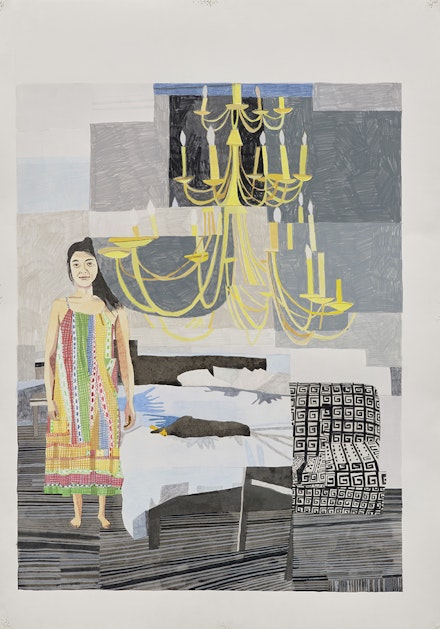 Jonas Wood, <em>Shio and Robot</em>, 2008. Gouache and colored pencil on paper, 40 7/8 x 28 3/4 inches. Courtesy of the artist and Karma. 