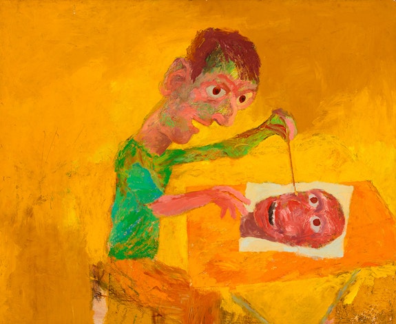 Ken Kiff, <em>Man Painting, on Yellow,</em> 1965. Oil on board mounted on wood, 36 x 43 7/8 inches. Image courtesy the estate of Ken Kiff and albertz benda, New York | Los Angeles. 