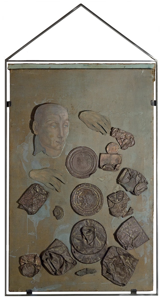Mina Loy, <em>Prospector 1</em>, 1954. Mixed media on paper mounted to panel, 58 1/4 × 35 1/2 inches. Private collection. Courtesy Bowdoin College Museum of Art. Photo: Jay York.
