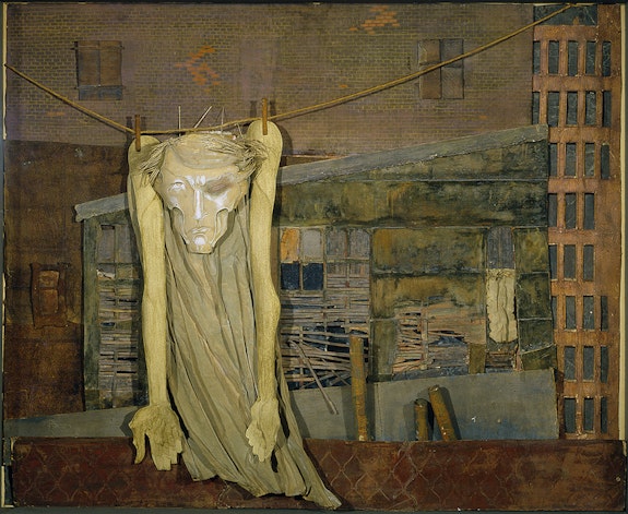 Mina Loy, <em>Christ on a Clothesline</em>, ca. 1955-59. Cut-paper and mixed-media collage, 24 × 41 1/2 × 4 ½ inches. Private Collection.  Courtesy Bowdoin College Museum of Art. Photo: Dana Martin-Strebel.