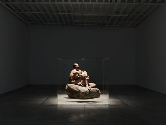 Two performers in Miles Greenberg’s <em>The Embrace</em> at Faurschou. Installation view. © Faurschou. Photo: Olympia Shannon.