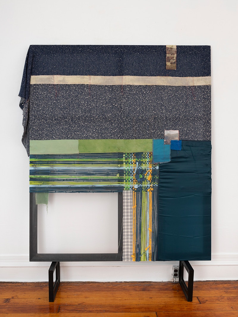 Cyle Warner, <em>a vessel a jam slow</em>, 2023. Various fabrics and inkjet on fabric on wooden frame, 76 x 64 inches. Copyright The Artist. Courtesy of Welancora Gallery.